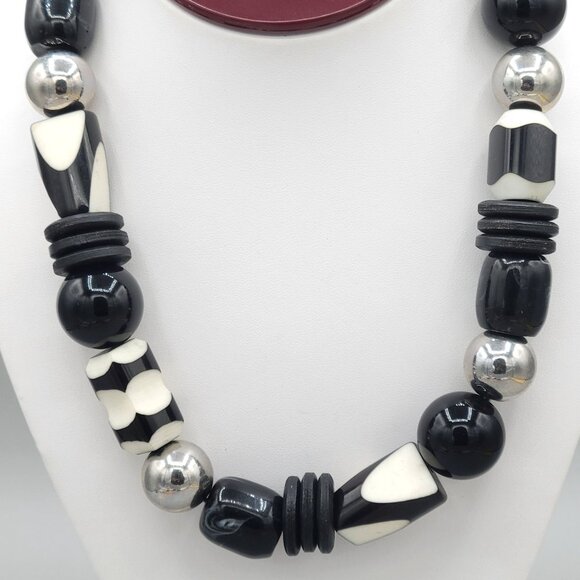 Black and White Large Bead Boho Necklace Black Cord Silver Ball Spacers - Picture 2 of 7